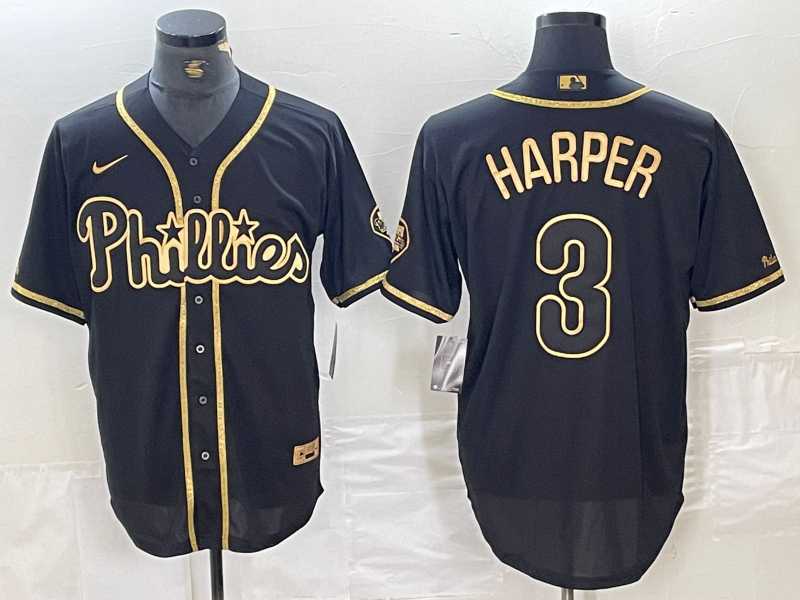 Men%27s Philadelphia Phillies #3 Bryce Harper Black Gold Cool Base Stitched Baseball Jerseys